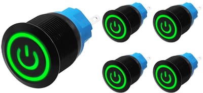 ProRide Drukschakelaar ON-OFF 220V - 22mm Metaal - Waterdicht - LED Ring Groen - 5 stuks