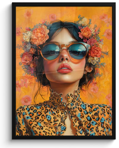 Poster in lijst - Fotolijst 50x70 cm - Posters - Vrouw - Bloemen - Aesthetic - Oranje - Posterlijst zwart - Decoratie - Wanddecoratie woonkamer - Muurdecoratie slaapkamer