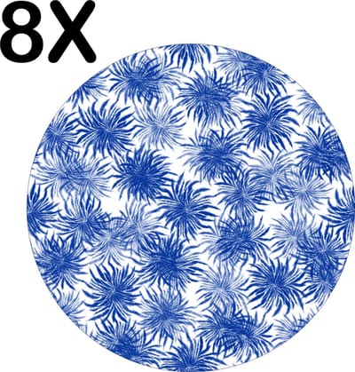 Luxe Ronde Placemat - Blauw met Wit Bloemen Patroon - Set van 8 Placemats - 50x50 cm - 2 mm dik Vinyl - Anti Slip - Afneembaar