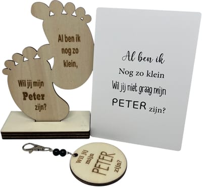 Geschenkdoosje Wil jij mijn PETER zijn? | zwart | voetjes | sleutelhanger | peter vragen | meter worden | peetoom vragen | peetoom worden | cadeau | doosje met een vraag