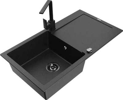 Mexen Leo granieten gootsteen 1-kompartment met afdruiprek en keukenmengkraan Rita, zwart/gouden metallic - 6501-75-670300-70-B