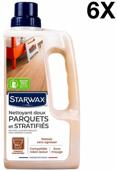 Starwax Zachte Geconcentreerde Reiniger voor Parket en Laminaat 1 Liter - pH-Neutraal Geen Spoelen Antislip - Verwijdert Vlekken zonder Vloer te Beschadigen - Made in France - Set van 6 Flessen (6 L Totaal) - Voordeelverpakking