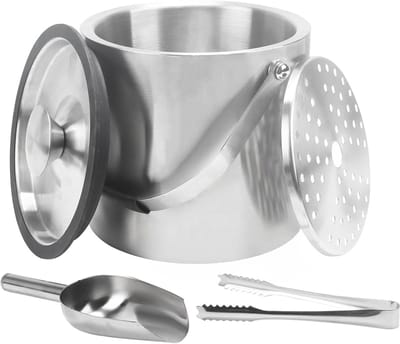 Grote 4 Litre IJsblokjeshouder met Deksel, Dubbelwandige RVS IJsmand voor Feesten, Perfect voor Champagne, Bier en Cocktails met Inclusief Schep en Tang