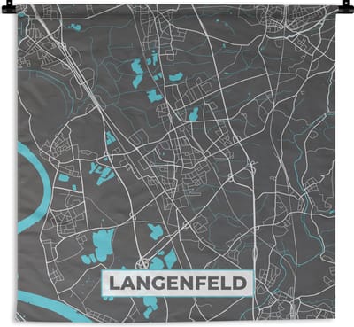 Wandkleed - Wanddoek - Blauw – Duitsland – Plattegrond – Stadskaart – Kaart – Langenfeld - 180x180 cm - Wandtapijt