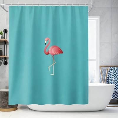 Floraweg douchegordijn, badgordijn, badkamergordijn, met flamingo-motief in cartoonstijl, digitaal bedrukt, schimmelbestendig, inclusief 12 ophangringen, waterdicht, wasbaar, polyester, 180 x 200 cm