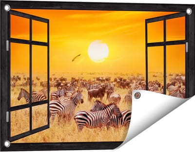 Gards Tuinposter Doorkijk Kudde Zebra's bij een Oranje Zonsondergang - 60x40 cm - Tuindoek - Tuindecoratie - Wanddecoratie buiten - Tuinschilderij