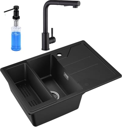 CECIPA max Granieten Spoelbak 65x45cm Zwart - Spoelbakken Keuken Met Keukenkraan en Zeepdispenser 300ML - Spoelbak Met Planchet en Afvoermand - Spoelbakken Incl. Sifon en Afvoerzeefje