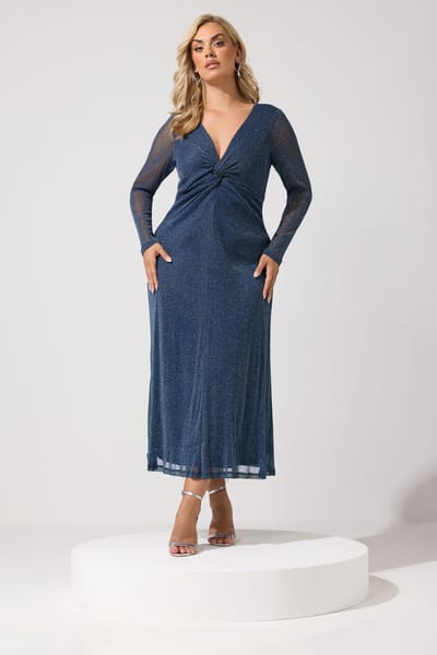Yours London Marineblauwe Metallic Maxijurk Met Knoop Size 42
