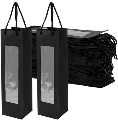 Dailygoods - CHIHEUNG 30 stuks fleszakken voor wijn, zwarte papieren wijngeschenkzakken met venster, enkele wijntas voor festivalgeschenken, feestbenodigdheden, bruiloft, jubileum, verjaardag, 9 x 9,5 x 34,5 cm