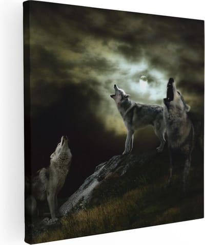 Artaza Canvas Schilderij Wolf - 80x80 cm - Wanddecoratie Wolven - Muurdecoratie Volle Maan - Schilderijen Op Canvas Dieren