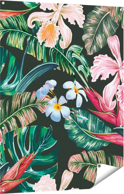 Gards Tuinposter Getekende Tropische Bloemen - Abstract - 90x120 cm - Tuindoek - Tuindecoratie - Wanddecoratie buiten - Tuinschilderij