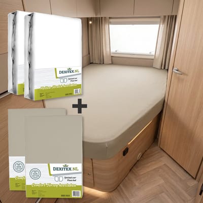 Dexitex Textielpakket Frans bed/ 2 x Molton/ 2 x Zandkleur Hoeslakens /RECHTS geschikt voor Caravan en Camper