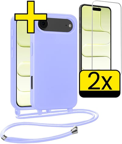 Hoesje Geschikt voor iPhone Air Hoesje Met Koord Met 2x Screenprotector Siliconen Case - Hoes Geschikt voor iPhone Air Backcover Met Afneembaar Koord - Lila
