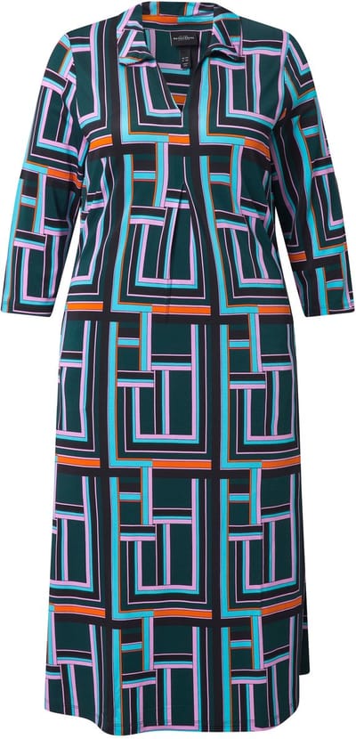 Ulla Popken - Dames - Slinky midi-jurk grafisch dessin overhemdkraag 3/4-mouwen - Diepgroen - Maat 42+