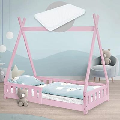 Kinderbed tipi 80x160 cm in roze met matras en valbeveiliging - Speelbed voor kinderen
