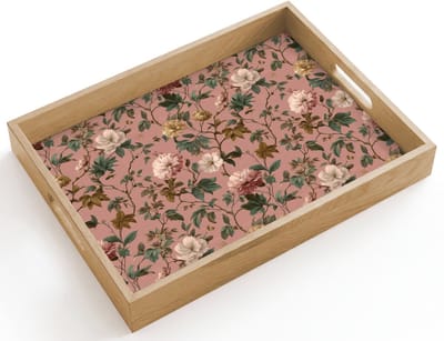 Dienblad hout 40x30 cm - Schootdienblad - Bloemen - Klassiek - Roze - Borrelplank rechthoek - Plateau dienbladen
