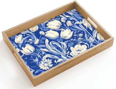 Dienblad hout 40x30 cm - Schootdienblad - Bloemen - Delfts Blauw - Patroon - Tulp - Borrelplank rechthoek - Plateau dienbladen