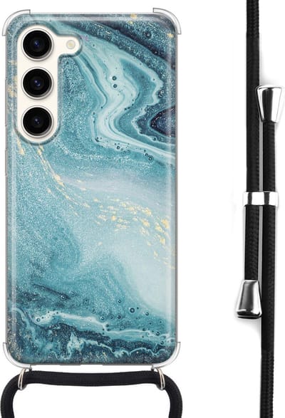 Hoesje met koord - Geschikt voor Samsung Galaxy S23 - Marmer blauw - Verstelbaar zwart koord - Crossbody - Marmer - Transparant, Blauw - Leuke Telefoonhoesjes