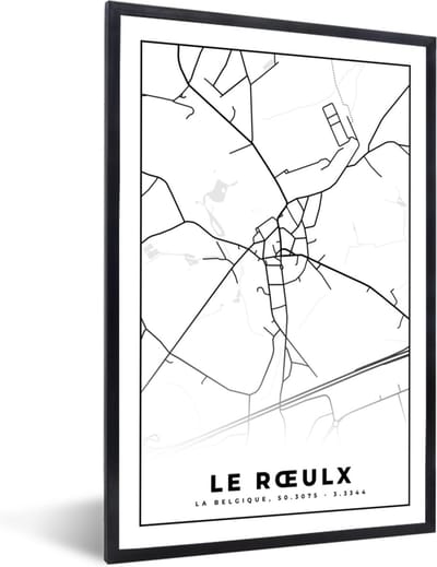 Fotolijst incl. Poster Zwart Wit- Zwart Wit – België – Plattegrond – Stadskaart – Kaart – Le Rœulx - 40x60 cm - Posterlijst
