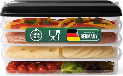 Novaliv 4x kleine voedselcontainers met 1x deksel, stapelbaar voor koelkast en vriezer, set opslagcontainers, opbergdoos organizer, voor vleeswaren, worst, kaas, fruit, groenten, maaltijdvoorbereidingscontainer