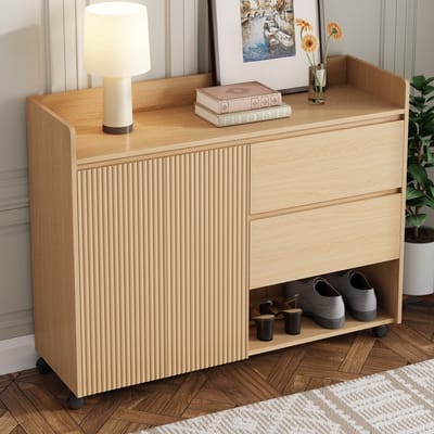 MODENUIT Schoenenkast - Verstelbare Vakken, Lade En Wielen - Voor Hal En Woonruimte - MDF - Naturel - 110x35x86 Cm