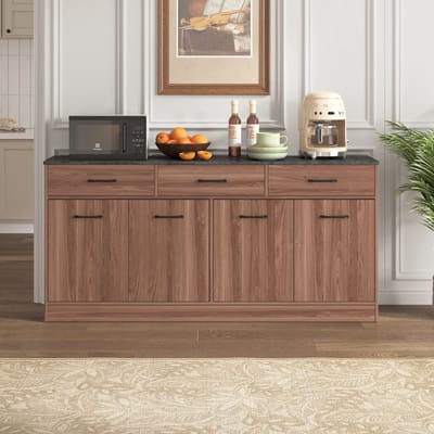 OKWISH Keukenkast Dressoir – 160×37×76,5 cm – 3 Lades – 2 Kastvakken Met Verstelbare Planken – MDF Walnootkleur Met Betonlook