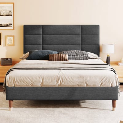 YEHTOKHOME Gestoffeerd bed Tweepersoonsbed met lattenbodem, 140x200 cm bedframe met hoofdeinde, in grijs linnen, voor volwassenen en jongeren (Geen matras)