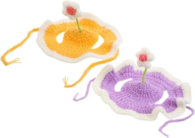 Daity Set van twee gebreide huisdiermutsjes, geschikt voor katten en honden, perfect voor vakanties en dagelijks gebruik, maat S, geschikt voor katten en honden tot 2,5 kg, met een hoofdomtrek van 25 cm (paars en geel).