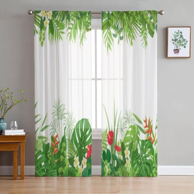 Tak Fris Groene Bladeren Transparante Gordijnen voor Woonkamer Transparant Tule Raamgordijn Slaapkamer Keuken Huisdecoratie Sluier Draperieën 135W x 114H(cm)