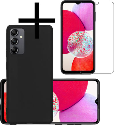 Hoesje - Met Screenprotector - Geschikt voor Samsung Galaxy A14 - Sterk & Shockproof - Back Cover - Siliconen Case - Telefoon Hoes - Zwart