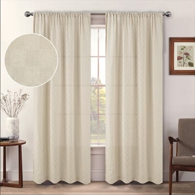 Gaas jaquard geruite gordijnen, Boho linnen gaasgordijnen voor lichtfiltering voor deurramen, voor woonkamer interieur, donkerbeige, 135 x 160 cm