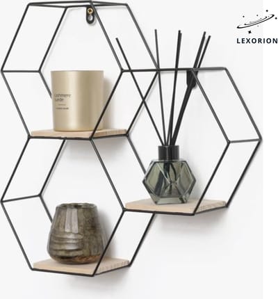 Lexorion Zwart Industrieel Metalen Wandrek met 3 Houten Planken - Driedubbel Zeshoekig Design - Decoratieve Wandplank voor Woonkamer, Slaapkamer en Hal - 40,5 x 41 cm