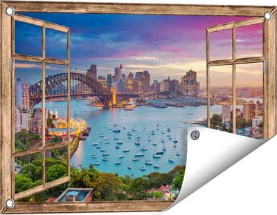 Gards Tuinposter Doorkijk Sydney Harbour Bridge in de Avond - 60x40 cm - Tuindoek - Tuindecoratie - Wanddecoratie buiten - Tuinschilderij