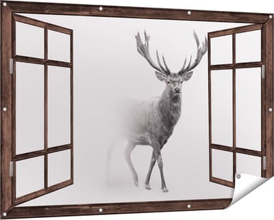 Gards Tuinposter Doorkijk Hert - Zwart Wit - 150x100 cm - Tuindoek - Tuindecoratie - Wanddecoratie buiten - Tuinschilderij