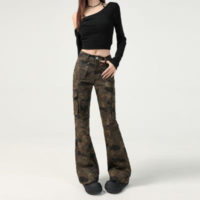 Nieuwe Retro Amerikaanse Camouflage Multi-pocket Slim Fit en Slim Licht Uitlopende Broek voor Dames Lente en Herfst M black