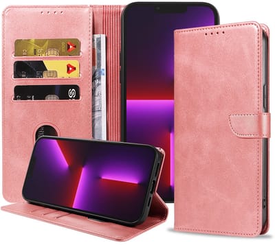 Geschikt voor iPhone 13 Pro Telefoonhoesje Kunstleer met Magnetisch lipje en Pasjeshouder Book Case met Klepje - Roze - Smartphonica geschikt voor iPhone 13 Pro