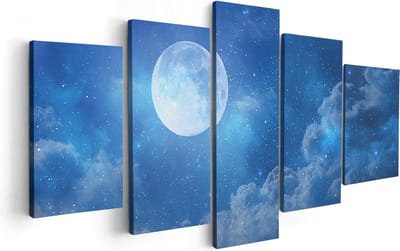 Artaza Canvas Schilderij Vijfluik Volle Maan in de Blauwe Hemel met Sterren - 100x50 - Foto Op Canvas - Canvas Print