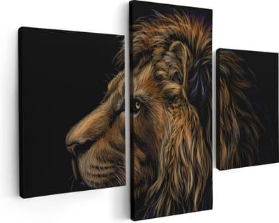 Artaza Canvas Schilderij Drieluik Getekende Leeuw - Leeuwenkop - Kleur - 90x60 - Foto Op Canvas - Canvas Print