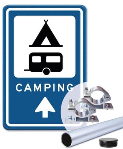 Bord Camping pijl rechtdoor - Weerbestendig Aluminium - 30x45 cm - Bevestiging: Met paal 150 cm + paalbeugels + paaldop