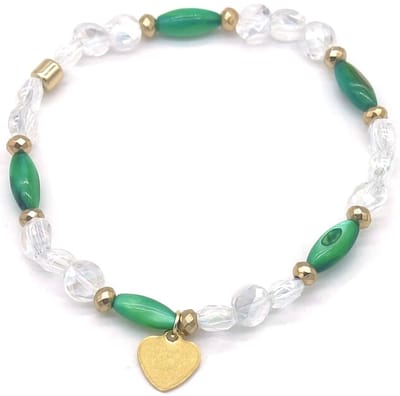 Armbandje - elastiek - kralen - hartje - groen - goudkleurig - zomer - zon - strand - festival - vakantie - vrouwen - tijdloos - accessoire – valentijn – cadeau