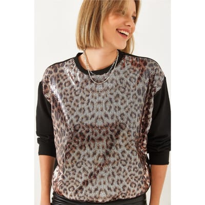 Leopardprint Sequinned Trui met Ronde Hals