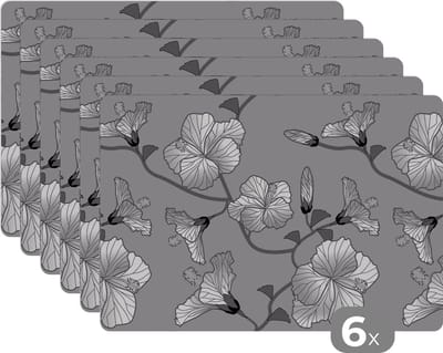 Placemat - Placemats kunststof - Hibiscus - Grijs - Tropisch - Patroon - 45x30 cm - 6 stuks - Hittebestendig - Anti-Slip - Onderlegger - Afneembaar