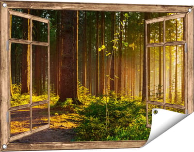 Gards Tuinposter Doorkijk Bos met Zon tussen de Bomen - 90x60 cm - Tuindoek - Tuindecoratie - Wanddecoratie buiten - Tuinschilderij