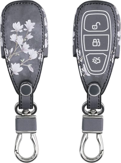 kwmobile autosleutel hoesje geschikt voor Ford 3-knops autosleutel Keyless Go - Autosleutel behuizing - Case in taupe / wit / donkergrijs - Magnolia design