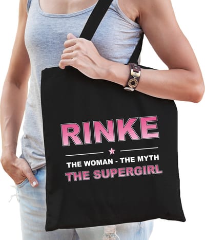 Naam cadeau Tasje voor Rinke - The woman, The myth the supergirl - katoenen - zwart - verjaardag - moederdag - collega - vriendin