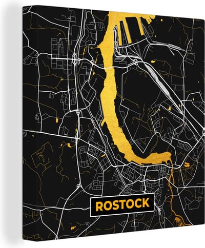 Canvas Schilderij Rostock - Stadskaart - Plattegrond - Goud - Kaart - Duitsland - 20x20 cm - Wanddecoratie