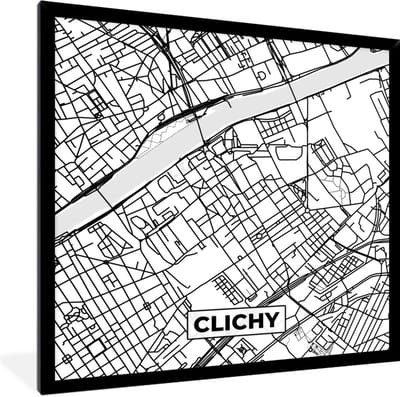 Fotolijst incl. Poster Zwart Wit- Frankrijk - Clichy - Kaart - Plattegrond - Stadskaart - Zwart wit - 40x40 cm - Posterlijst