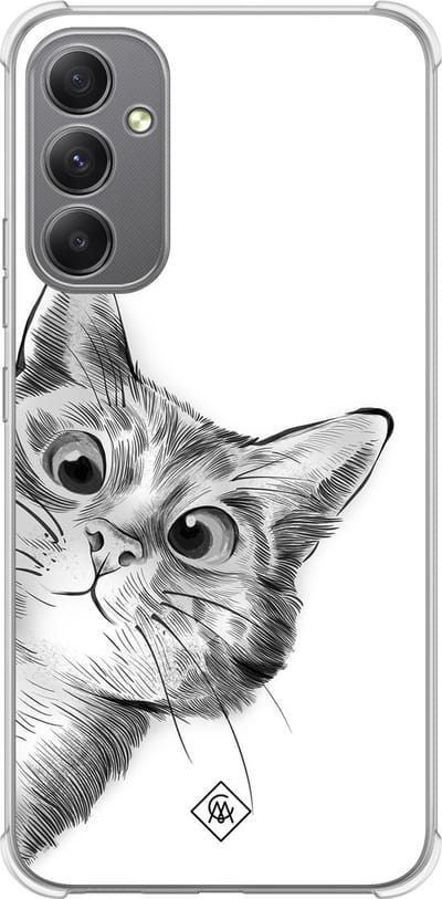 Casimoda® hoesje - Geschikt voor Samsung Galaxy A34 - Kat Kiekeboe - Shockproof case - Extra sterk - TPU/polycarbonaat - Grijs, Transparant