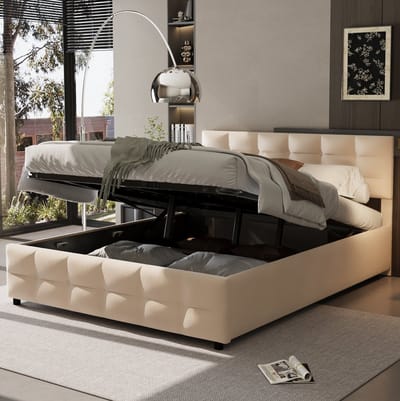 MEUNIQ gestoffeerd bed 180x200 cm met lattenbodem en hydraulische opbergruimte, tweepersoons bedframe voor slaapkamer, beige stof