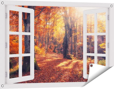 Gards Tuinposter Doorkijk Oranje Herfstbos met Zonneschijn - 90x60 cm - Tuindoek - Tuindecoratie - Wanddecoratie buiten - Tuinschilderij